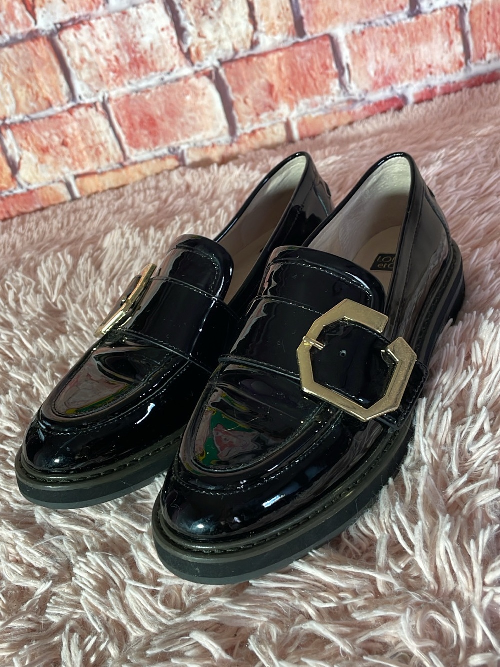 Louise et Cie Black Patent Loafers with Gold Buckles